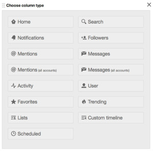 Opções para adicionar colunas no TweetDeck