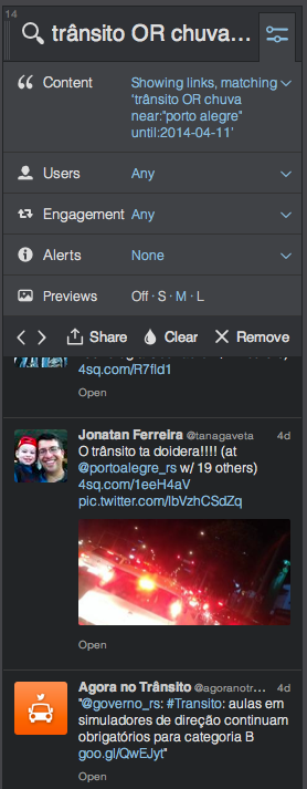 Coluna com uma busca avançada no TweetDeck